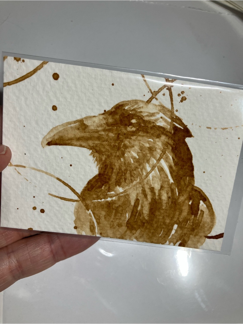 Aceo original Raven coffee painting miniature crow Java art “treat yourself”